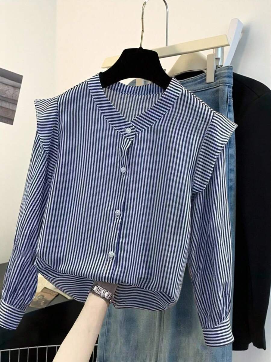 Franclia 女士休闲通勤条纹立领长袖衬衫，秋冬外出百搭，优雅时尚，适合通勤、商务办公、日常休闲、气质都市女性、教师等职业装扮。 - 藍色 - 查看 1