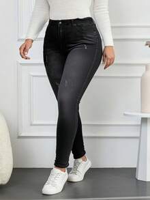 EURMUSE 98%Cotton Plus High Waist Ripped Skinny Jeans - Black - View 4