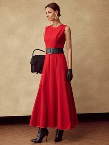 MOTF PREMIUM WOMEN'S WOOL PATCHWORK PU TRIM SLEEVELESS DRESS WITHOUT BELT, AUTUMN/WINTER - Red - View 5