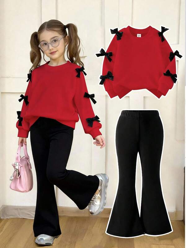 SHEIN Elladie kids 2件套年轻女孩简约时尚粉色蝴蝶结黑色上衣和粉色裤子运动服套装