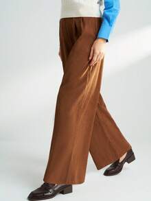 INAWLY Women's Casual Everyday Commute Simple Solid Color Corduroy Comfortable Loose Wide Leg Pants, Autumn/Winter - Brown - View 3