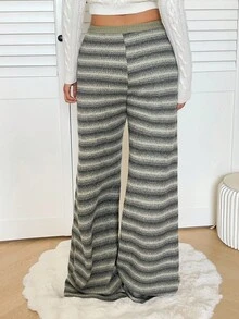 Aloruh Women's Vintage Striped Knit Low Waist Wide Leg Pants, Autumn/Winter