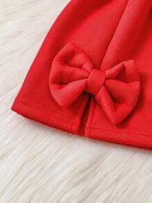 SHEIN Babygirl Cute Casual Knit Red Bow Long Sleeve Sweatshirt Set - Red - View 4