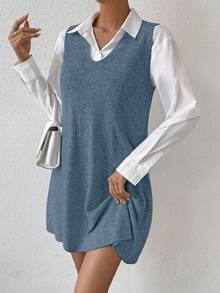 SHEIN LUNE 秋冬纯色无袖针织休闲连衣裙 - 霧霾藍 - 查看 5