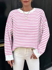 EURMUSE Striped Pattern Drop Shoulder Sweater - Hot Pink - View 3