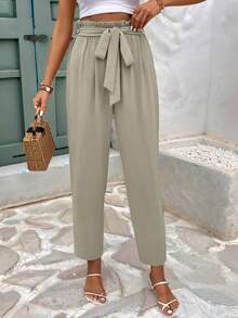 SHEIN Frenchy Women's Fall Tie-Up Bow Ruffle Striped Flared Pants, Winter Brown - Khaki - View 5