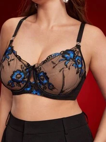 Empress Envy Plus Size Women Embroidered Underwire Bra, Blue & Black, Lift