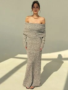 Aloruh Vestido largo de mujer elegante con hombros descubiertos y falso pelo, para otoño/invierno - Caqui - Ver 4