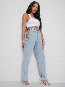 Slaydiva Damen Jeans in Große Größen mit lässigem, weitem Schnitt - Blau - Übersicht 1