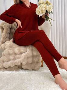 Solid Color Textured Half-Zip Top & Pants Women's Loungewear Set, Winter Clothes - Red - View 6