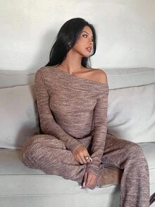 Aloruh Women's Asymmetric Hem Casual Fashion Long Sleeve Asymmetrical Shoulder T-Shirt - Brown - View 8