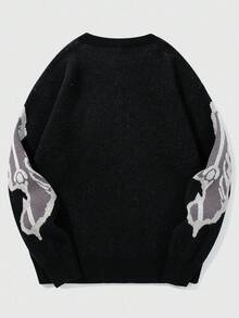 ROMWE MEN Street Life 男士骷髅印花圆领长袖休闲毛衣，秋冬，垃圾摇滚风格 - 黑色 - 查看 2