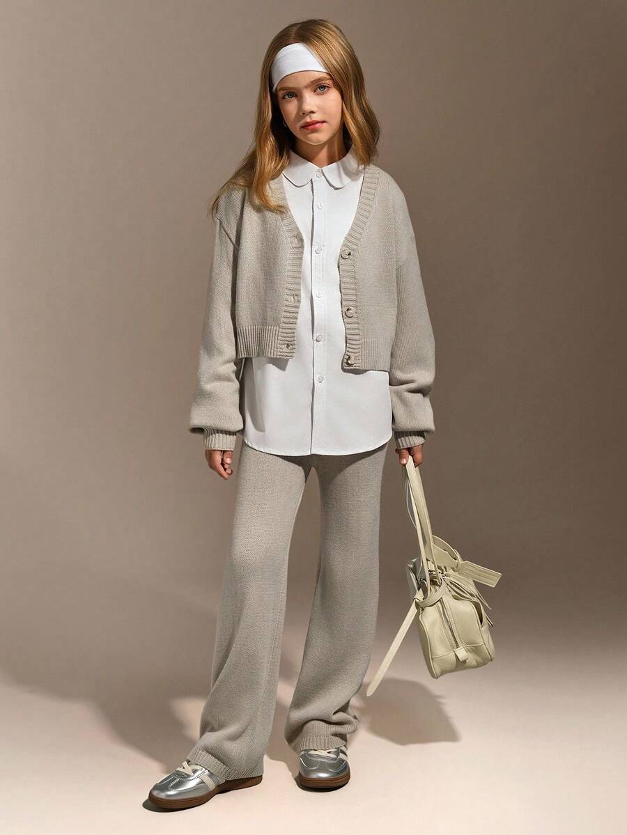 Hanevo Tween Girls' Fashionable Simple Knitted Cardigan And Pants Set - Grey - View 1