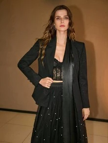 MOTF PREMIUM Asymmetric Collar Patchwork Blazer, Autumn/Winter - Black - View 5