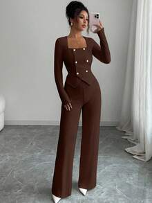 Elenzga Women Dark Brown 2 Pieces Set,Elegant Double-Breasted Fitted Blazer & High Waist Straight Leg Pants,Fall Winter Birthday Party Commuter Style Outfits - Brown - View 8
