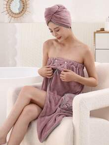 2pcs Women's Simple Applique Soft & Comfortable Bath Robe/Shower Cap Set, Practical & Multifunctional Bath Towel - Bean Paste Applique Skirt Suit - View 5