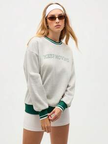 Eassivo Eassivo 女式休闲运动风格字母印花撞色条纹落肩宽松运动衫 - 淺灰色 - 查看 5