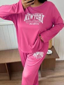 Lazeform 大码字母印花长袖上衣和裤子休闲睡衣套装 粉色睡衣套装 女士睡衣套装 长袖舒适睡衣套装，保暖套装，秋冬服装 - 玫紅色 - 查看 5
