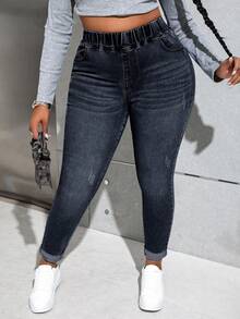 Slaydiva Plus Size Casual Washed High Waist Slim Fit Jeans - Dark Wash - View 4