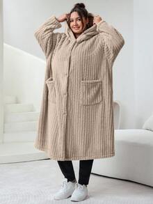 SHEIN CURVE+ Plus Size Women's Plus Size Hooded Long Sleeved Jacket, Suede Jacket, Suitable For Autumn And Winter - Khaki - View 6