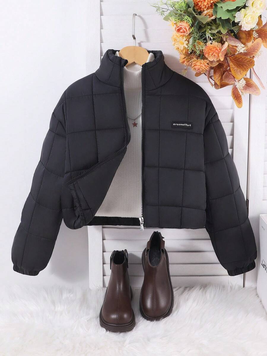 Tween Girl 一件式字母贴片拉链羽绒大衣 - 黑色 - 查看 1