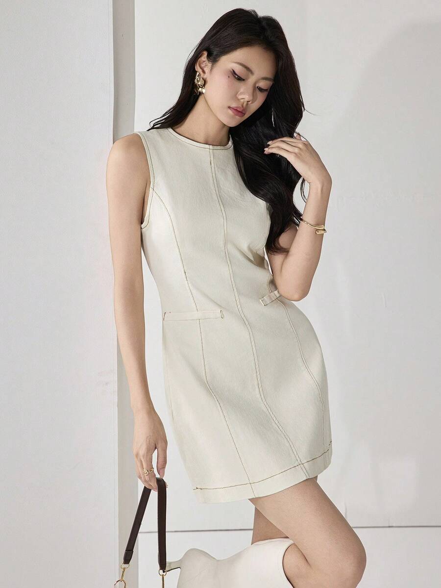 Heiryn 女士休闲圆领无袖牛仔连衣裙，夏季 - 白色 - 查看 1