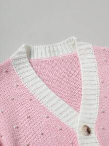 Manfinity Homme Manfinity Streetrush Men's Casual Daily Contrast Color Faux Pearl Decor Pink Button Front Cardigan, Autumn/Winter - Pink - View 3