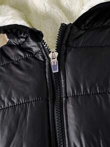 SHEIN 1 件装年轻男孩儿童休闲纯黑色长袖连帽宽松棉质夹克，新款秋冬开学季 - 黑色 - 查看 7