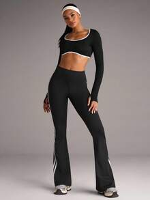 SHEIN BAE Women's Side Striped Casual Flared Sports Pants - Black - View 7