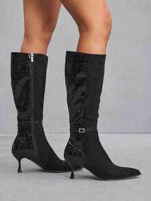 CUCCOO SZL 女士过膝长靴，新款秋冬通勤百搭尖头细跟高筒靴，显瘦 - 黑色 - 查看 3