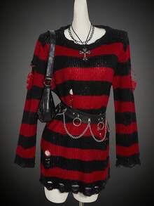 SHEIN ICON 女式万圣节哥特式黑红嬉皮长袖休闲时尚街头哥特风格撞色条纹图案，不包括腰带红黑条纹毛衣垃圾毛衣秋冬破旧毛衣 - 彩色 - 查看 3