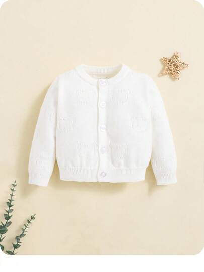 SHEIN Newborn Baby Boy Cute Bear Pattern Casual Cardigan With Round Neck And Long Sleeves,In Fall/Winter