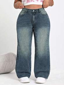 SHEIN CURVE+ Jeans casual con tasche e gamba ampia, taglie comode