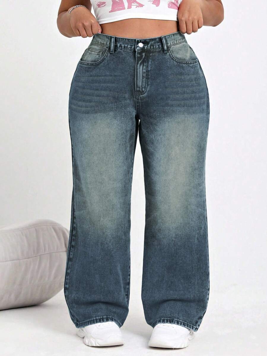 SHEIN CURVE+ Jeans casual con tasche e gamba ampia, taglie comode