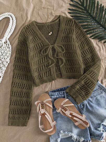 Travachic 女士纯色镂空长袖前系带针织开衫，度假装，乡村风服装，优雅钩针编织女装秋冬女装