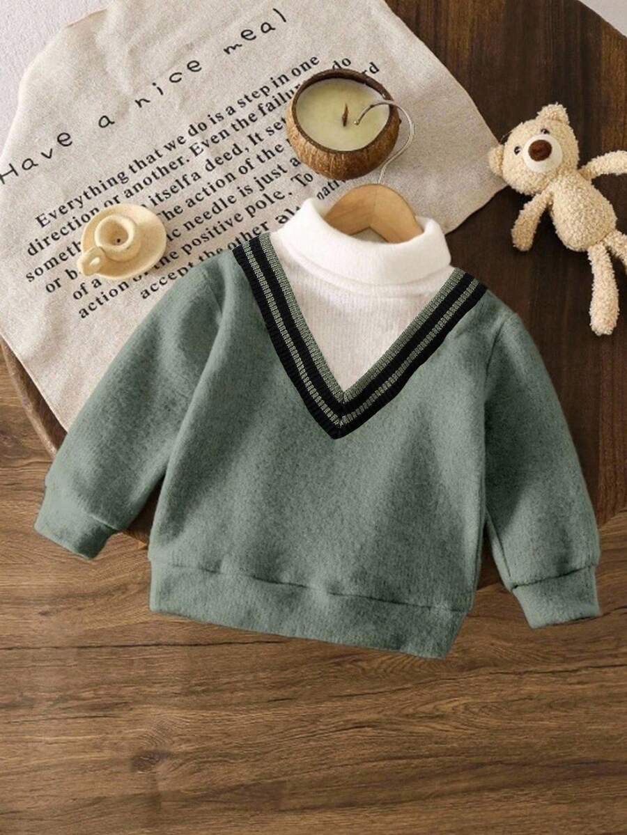 SHEIN Maglione a V da bambino 2 in 1 lavorato a maglia, pullover lavorato a maglia con collo alto per autunno/inverno - Verde - Visualizzare 1