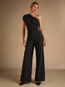 SHEIN BAE 秋冬季优雅女士黑色不对称肩部喇叭裤连体裤，黑色连体裤，优雅连体裤，适合日常穿着、约会、外出、派对、聚会——多功能连体裤，适合浪漫约会、派对、正式活动、夜间外出、万圣节装扮、圣诞节连体裤 - 黑色 - 查看 1