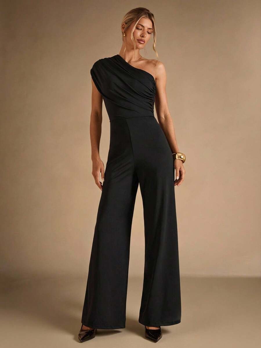 SHEIN BAE 秋冬季优雅女士黑色不对称肩部喇叭裤连体裤，黑色连体裤，优雅连体裤，适合日常穿着、约会、外出、派对、聚会——多功能连体裤，适合浪漫约会、派对、正式活动、夜间外出、万圣节装扮、圣诞节连体裤 - 黑色 - 查看 1