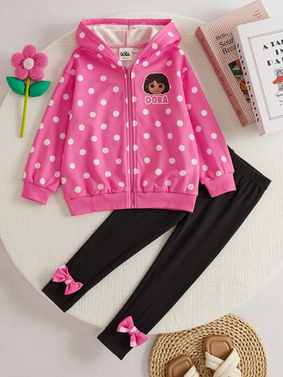 DORA | SHEIN 2 pièces/Set Jeune fille Décontracté Mignon Pois & Personnage de Dessin Animé Graphique Veste à Capuche Zippée à Manches Longues Rose & Legging Ajusté Décoré d'un Nœud