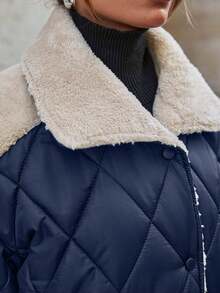 SHEIN Padded Jacket With Fur Collar And Patchwork, Two Pockets At Front, Snap Buttons, Quilting Details - Navy Blue - View 9