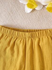 女婴可爱纯色荷叶边下摆吊带背心和裤子 2 件套套装，夏季