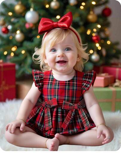 SHEIN Newborn Baby Girl Cute Casual Plaid Bow Decor Cap Sleeve Romper