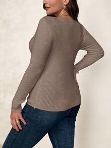 SHEIN VCAY Plus Size Women Apricot Crew Neck Long Sleeve Base Layer Sweater, Autumn/Winter Essential Pullover - Camel - View 2