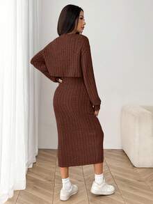 SHEIN EZwear 女式秋季新款罗纹针织落肩纽扣前襟夹克和修身中长连衣裙套装 - 棕色 - 查看 2