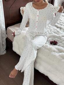 CottageSlumber Heart Print Lace Trim Decor Crew Neck Top & Long Pants 2 Pieces Pajama Set Pajama Sets For Women Round Neck Pj Sets For Women Long Sleeve Cherry Pajama Set Long Sleeve Lounge Set Pajamas Set Two Pieces, Fall Winter Clothes