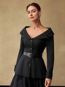 MOTF PREMIUM WOMEN'S GLITTER MATERIAL V-NECK BLAZER WITH BELT, AUTUMN/WINTER - Black - View 5