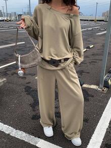 DAZY Conjunto casual de dos piezas para mujer con sudadera con capucha de manga larga asimétrica de unicolor y pantalones de pierna ancha con cordón en la cintura, traje de chándal para otoño/invierno