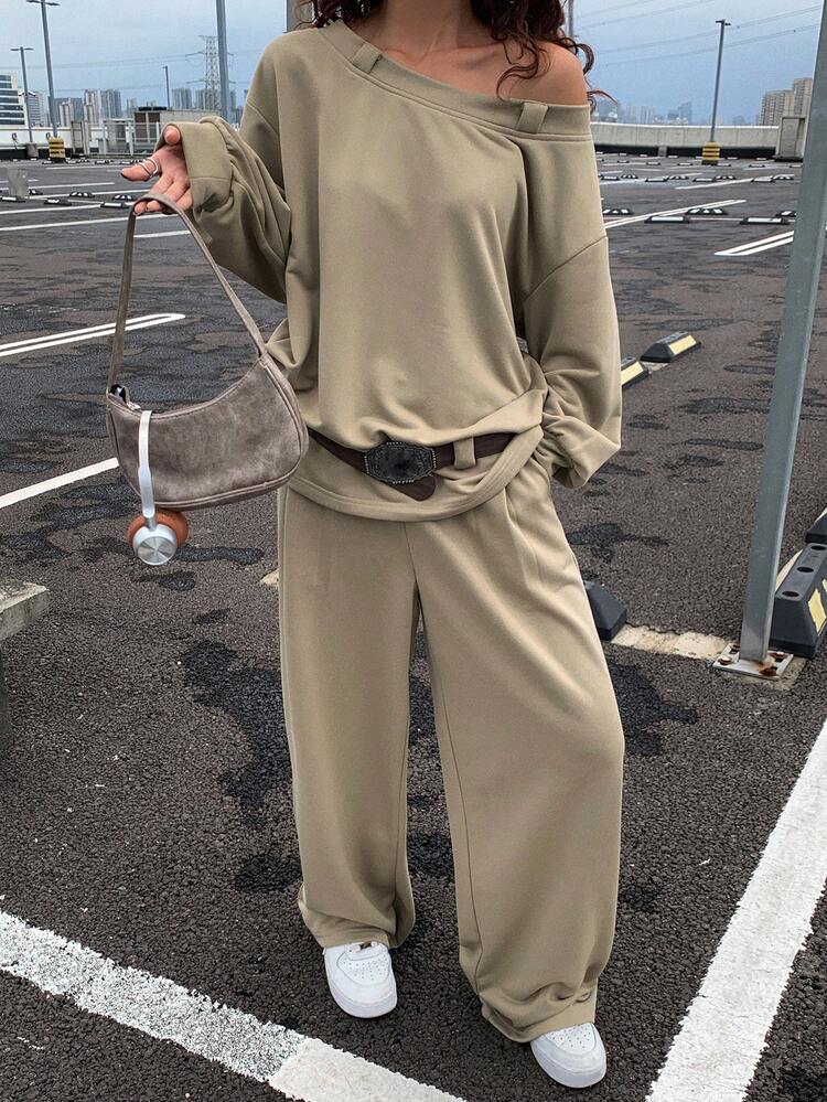 Women's Loose Solid Color Asymmetric-Shoulder Long Sleeve Pullover Hoodie With Drawstring Waist And Wide Leg Pants Two Pieces Casual Street Suit, Autumn/Winter Tracksuits Women Set