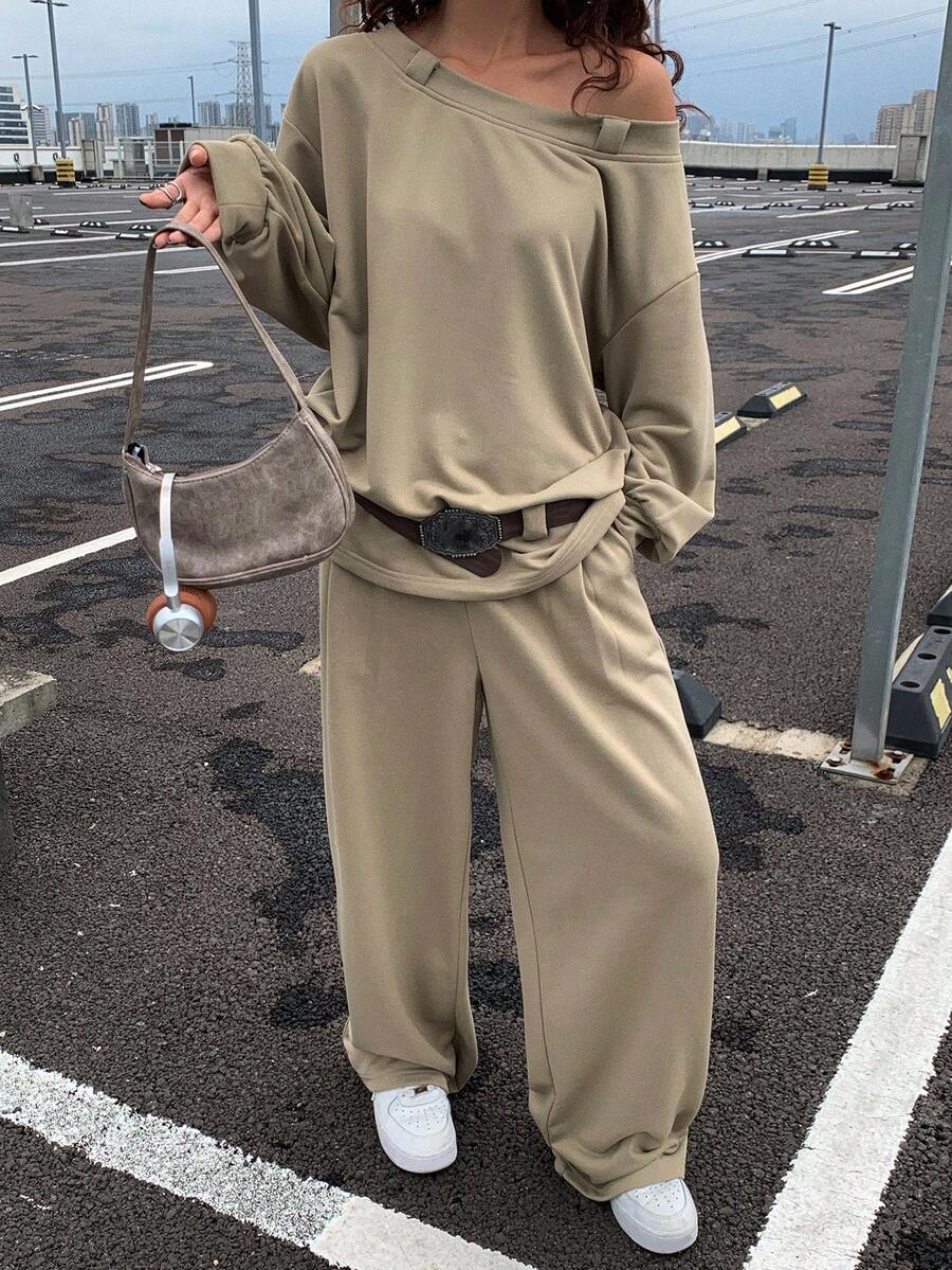 DAZY Conjunto casual de dos piezas para mujer con sudadera con capucha de manga larga asimétrica de unicolor y pantalones de pierna ancha con cordón en la cintura, traje de chándal para otoño/invierno