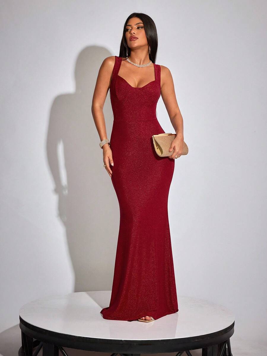 女式酒红色弹力闪光可变形 V 领无袖露背拉链开合优雅性感派对长裙 - 酒紅色 - 查看 1